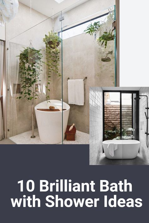 Unique and vibrant, bath and shower combo can save space and money on your bathroom renovation project. However, the days of hanging a standard, boring old showerhead over a basic tub are gone. There are new designs and new ways to jazz up your bathroom and create the escape oasis you've been dreaming of. Here are some of our favourite bath with shower ideas for you to consider for your next home bathroom redesign. Wetroom With Freestanding Bath, Rub Shower Combo, Shower Bath Side By Side, Bath Tub Ideas For Small Bathroom, Mini Bathtub Shower Combo, Small Bath Tub Shower Combo, Freestanding Tub Next To Shower Ideas, Bath And Shower Combo Small Spaces, Tub And Shower Combo Ideas Small Baths