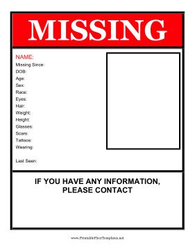 Get the word out about a missing person with this eye-catching flyer with a red header and a space for a picture. Free to download and print Missing Person Poster Aesthetic, This Person Is Header, Missing Poster Template, Missing Person Poster, Person Template, Missing Poster, Red Header, Gang Aesthetic, Lost Poster