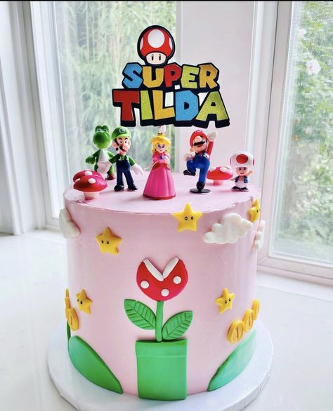 Super Mario Birthday Party Cake Princess Peach, Girly Mario Birthday, Peaches Birthday Cake, Peaches Cake Mario, Princess Peaches Cake, Princess Peach Birthday Party Cake, Girl Mario Birthday Party, Mario And Princess Peach Cake, Princess Peach Cake Birthdays