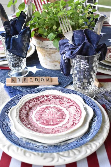 American Flag Dessert, White And Blue Tablescape, Flag Desserts, Blue Tablescape, July 4th Holiday, Blue Centerpieces, Small Flags, Fourth Of July Decor, Berry Baskets