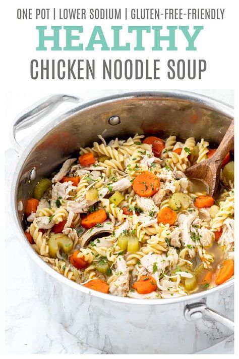 This homemade healthy chicken noodle soup is the perfect comforting dish to serve when the cooler weather arrives and is so much better than store-bought! Make up a batch at the beginning of the week for a quick, easy and tasty lunch or one-pot dinner throughout the week. It only takes 30 minutes to prepare! {Gluten-free friendly} Macro Friendly Chicken Noodle Soup, Heart Healthy Chicken Noodle Soup Recipe, Single Serve Chicken Noodle Soup, Low Salt Chicken Noodle Soup, Heart Healthy Chicken Soup Recipes, Heart Healthy Chicken Noodle Soup, Heart Healthy Chicken Soup, Low Calorie Chicken Noodle Soup, High Protein Chicken Noodle Soup