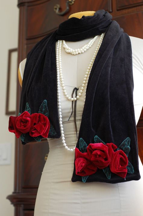 Rose scarf Velvet Shawls Embroidery, Velvet Shawls, Sewing Scarves, Embellished Scarf, Scarf Photography, Rose Scarf, Scarf Tutorial, Velvet Scarf, Velvet Rose