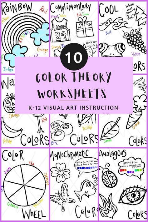 Worksheets for Color Theory Unit for Art classes. Primary, Secondary, Tertiary, Complimentary, Cool, Warm, Analogous, Monochromatic Color Schemes. Color Theory Art Lessons Elementary, Color Theory Art Lessons Kindergarten, Color Theory Coloring Page, Teaching Color Theory To Middle School, High School Art Worksheets Color Theory, Color Theory Worksheet, Class Worksheets, Graphic Design Activities, Colorful Art Projects