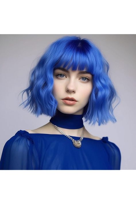 Amyqueen Blue Wigs for Women Short Curly Wigs with Bangs Colored Wavy Bob Synthetic Wig Medium Shoulder Length Wigs Heat Resistant for Daily and Party(Blue Wig) Blue Hair With Bangs, Shoulder Length Wigs, Shoulder Bob, Curly Wigs With Bangs, Blue Wigs, Blue Bob, Bob Black, Wig Colors, Wavy Bob