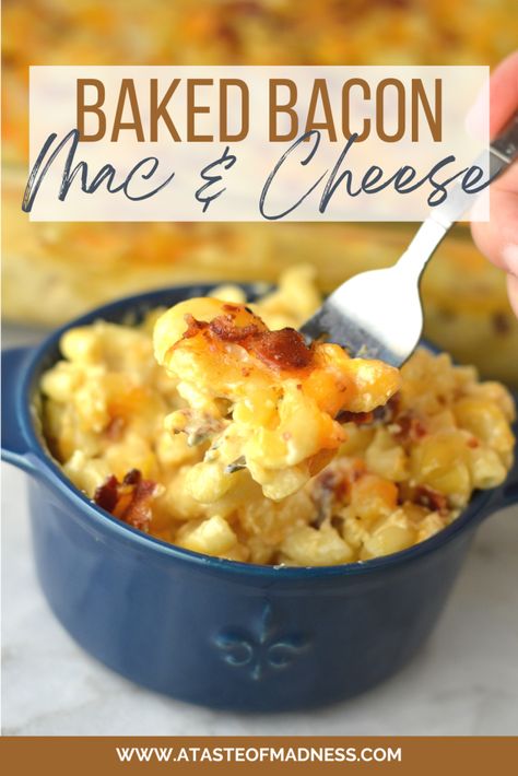 Baked Bacon Macaroni and Cheese | A Taste of Madness Bacon Mac And Cheese Recipe Baked, Mac N Cheese Bacon, Mac And Cheese With Bacon, Bake Mac And Cheese, Bacon Mac And Cheese, Easy Pasta Dinner, Baked Bacon, Best Bacon, Baked Macaroni