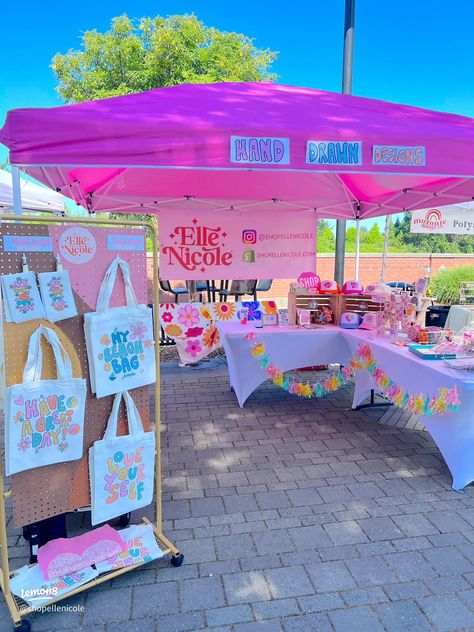 Here’s some photos from my market!!🤩 | Gallery posted by Ellē Nicole | Lemon8 Single Table Vendor Booth, Diy Art Display Stand, Small Beauty Shop Ideas, Craft Booth Decorating Ideas, Back To School Vendor Booth, Small Business Stand Ideas, Cute Vendor Booths, Summer Booth Ideas, Vendor Booth Aesthetic