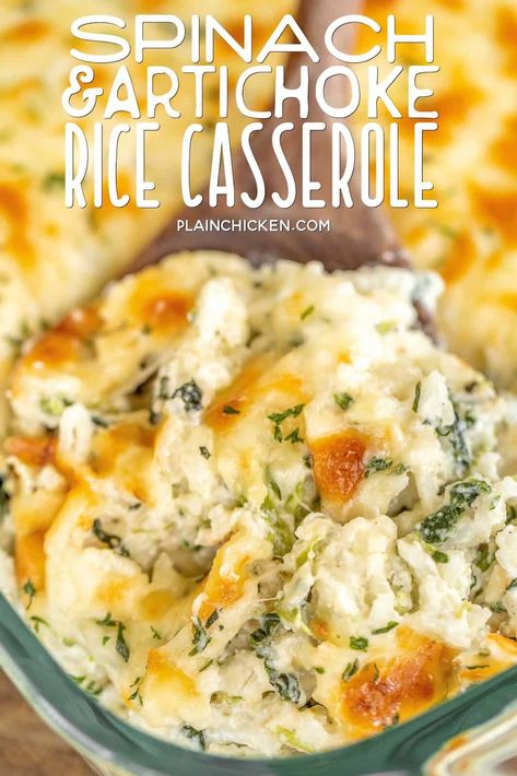 Spinach Artichoke Rice, Artichoke Rice, Ricotta Cream Cheese, Ricotta Cream, Casserole Side Dishes, Spinach Artichoke Chicken, Spinach Casserole, Cheese Mozzarella, Veggie Casserole