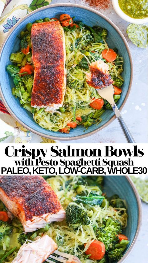 Whole 30 Salmon Bowl, Fish Whole 30 Recipes, Keto Salmon Bowl, Whole 30 Salmon Recipes, Whole 30 Salmon, Keto Bowls, Whole30 Salmon, Gut Food, Pesto Spaghetti Squash