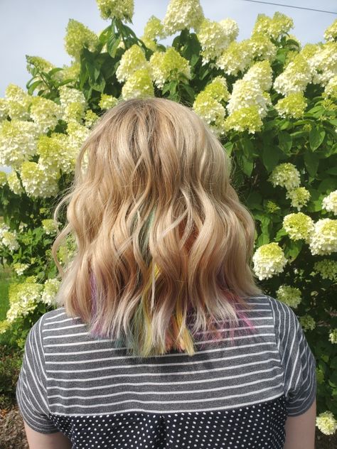 Hidden rainbow hair Pastel Rainbow Hair Hidden, Blonde Rainbow Hair, Hidden Rainbow Hair, Pastel Rainbow Hair, Hidden Colors, Rainbow Hair, Hair Dye, Pastel Rainbow, Dyed Hair