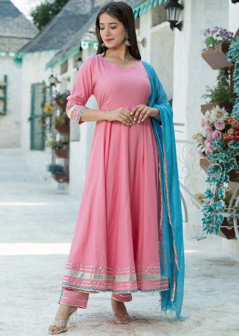 #pink #readymade #anarkali #salwar #suit #dupatta #salwar #kameez #designs #traditional #outfits #new #collection #indian #fashion #ootd #online #shopping #wedding #season Anarkali Kurta Set, Combination Dresses, Celana Fashion, Pink Anarkali, Pink Kurta, Gota Work, Cotton Kurti Designs, Anarkali Kurta, Pink Bottom