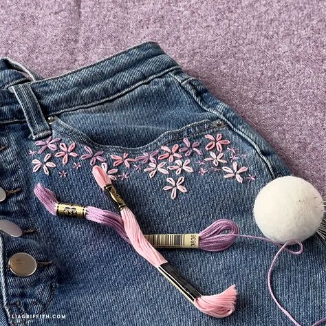 Flower Embroidered Jeans - Lia Griffith Embroidered Jeans Diy, Denim Sewing, Flower Embroidered Jeans, Embroidery Jeans Diy, Daisy Stitch, Flower Jeans, Denim Embroidery, Boho Embroidery, Lazy Daisy Stitch