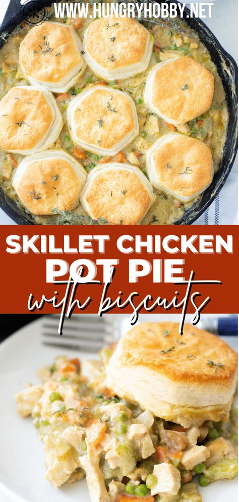 This skillet chicken pot pie skillet with biscuits is made in one skillet for a warm, flavorful meal with minimal cleanup! Skillet Pot Pie, Skillet Chicken Pot Pie, Chicken Pot Pie With Biscuits, Wood Cookstove, Pot Pie With Biscuits, Pot Pie Recipe Easy, Poultry Dishes, Iron Recipes, Iron Skillet Recipes