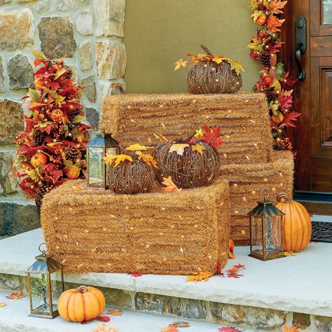 Lighted faux hay bails add country charm to any entryway. Available in 2 stackable sizes and perfect for accenting with Halloweens and seasonal gourds. Hay Bale Halloween, Hay Bale Fall Decor, Hay Bale Fall, Thanksgiving Favorites, Outside Halloween Decorations, Fall Yard Decor, Table Centerpieces Diy, Obx Vacation, Pumpkin Display