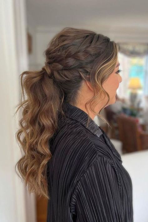 Ponytail With Side Braid Prom Hairstyles Medium, Prom Ponytail Hairstyles, Wedding Ponytail Hairstyles, Wedding Ponytail, Curly Hair Ponytail, Stylish Ponytail, Prom Hairstyles For Long Hair, Braids With Extensions, Brunette To Blonde