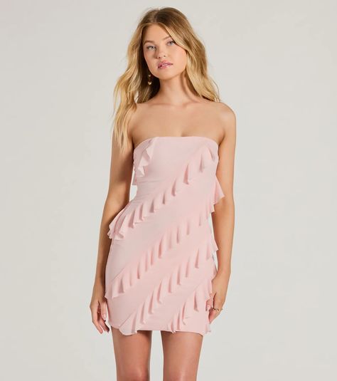 Be the center of attention in this sultry strapless mesh mini dress! It features a strapless neckline with non-slip grip lining, and a ruffled trim adds a flirty touch while the bodycon silhouette highlights your curves down to the mini-length hem. Complete the look in heels and teardrop earrings.Fit & FeaturesStrapless necklineNon-slip grip liningSide zipper and hook-eye closureRuffle trim, bodycon silhouetteMini-length hemMesh fabric, sewn-in knit lining, moderate stretchRuns true to size Gold Strapless Hoco Dress, Strapless Ruffle Mini Dress, Ruffle Detail Dress, Homecoming Dresses Ruffles, Homecoming Dresses For Brunettes, Fancy Hoco Dresses, Ruffle Hoco Dress, Pink Hoco Dress, Valentines Dance