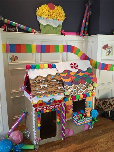 Candyland Cardboard Gingerbread House Cardboard Candy House, Cardboard Box Gingerbread House, Primary School Activities, Cardboard Gingerbread House, Red Riding Hood Art, Cardboard Playhouse, Gingerbread Theme, Halloween Camping, Gingerbread Village