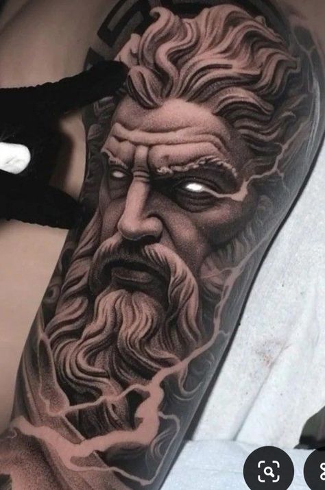 Micro Realism Tattoo Men, Zeus Tattoo Design Greek Gods, Hades Tattoo Design Greek Mythology, Ancient Greek Tattoo Mythology, Zeus Tattoo Design Ideas, Zeus Tattoos, Realism Tattoo Ideas, Zeus Tattoo Design, Shoulder Cover Up Tattoos