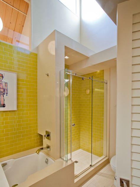 Gorgeous modern shower/bath wall with Yellow Subway Tiles. https://www.subwaytileoutlet.com/products/Yellow-Glass-Subway-Tile.html#.VnCIgriDFBc Yellow Tile Bathroom, Yellow Bathroom Tiles, Yellow Bathroom Walls, Yellow Bathroom Decor, Grey Subway Tiles, Yellow Bathroom, Yellow Tile, Yellow Bathrooms, Subway Tiles