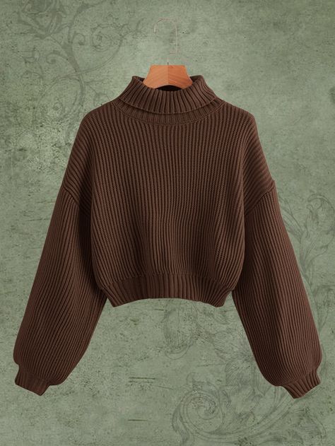 Coffee Brown Casual Collar Long Sleeve Fabric Plain Pullovers Embellished Medium Stretch  Women Clothing Shein Sweater, Pullover Outfit, Brown Outfit, Women Sweaters, Sweater Collection, Drop Shoulder Sweaters, Bishop Sleeve, Women Sweater, Ribbed Knit Sweater