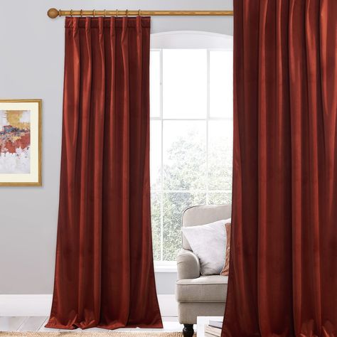 PRICES MAY VARY. READY MADE: Sold as 1 panel of 52" wide by 84" long. Both back loop and rod pocket style per panel and each with 3-inch inner diameter create different looks easily. LUXURY LOOK: Made of thick soft smooth velvet fabric, the plush velvet curtain is upmarket and features soft hand-touching and heavy-duty, easily blend in with romantic or casual style to create a sophisticated living space. LIGHT BLOCKING: Rich velvet curtains can block most sunlight and uv ray to create a dark and Rust Velvet Curtains, Rust Curtains, Hand Touching, Decoration For Party, Party Living Room, Backdrop Curtains, Velvet Room, Space Light, Drape Panel