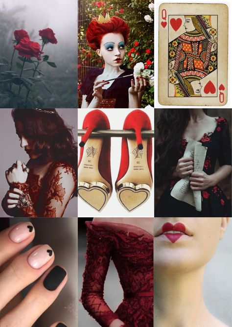 Queen of hearts aesthetic inspiration Queen Of Hearts Moodboard, Queen Of Hearts Aesthetic, Disney Moodboard, Alice In Wonderland Fanart, Wonderland Fanart, Evil Princess, Hearts Aesthetic, Queen Alice, Wonderland Aesthetic