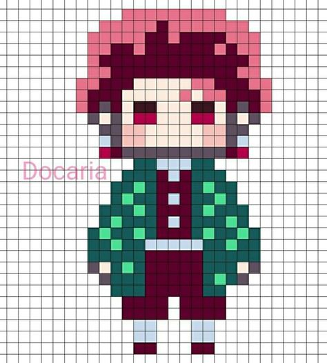 Anime Pattern Design, Tanjiro Perler Beads, Easy Anime Pixel Art, Cute Pixel Art Anime, Pixel Art Templates Anime, Perler Bead Anime Patterns, Cute Anime Pixel Art, Pixel Art Ideas Anime, Anime Pixel Art Grid Easy