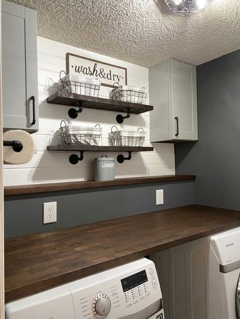 Laundry Room Design Countertop, Laundry Room Design With Shiplap, Shelves Above Laundry Sink, Black Shiplap Laundry Room, Black Cabinets In Laundry Room, Laundry Room With Black Cabinets, Laundry Room With Shiplap Walls, Laundry Room Black Cabinets, Black Iron Pipe Shelves