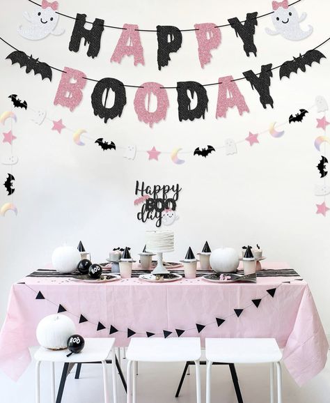 Halloween Themed Third Birthday, Booday Party Ideas, My Boo Is Two, Pink Halloween Birthday Party Decor, Boo Day Party Decorations, Pastel Goth Birthday Party, First Boo Day Party Girl, Two Spooky 2nd Birthday Party Decorations, 1st Boo Day Party