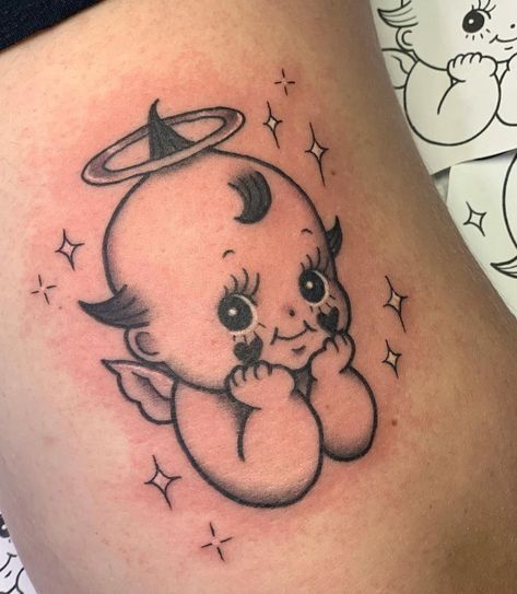 Traditional Tattoo Baby, Kewpie Tattoo, Tattoo Nightmares, Kewpie Art, Baby Angel Tattoo, Tattoo Catalog, Wrist Tattoo Designs, Traditional Tattoo Designs, Doll Tattoo