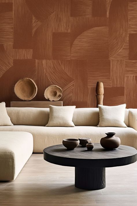 This wabi-sabi take on a geometric mural design was created in collaboration with interior designer Nina Takesh. Available in a rich shade of terracotta, it features hand-painted lines and a linen-like texture that is ideal for a minimalist aesthetic interior. Discover more modern interior wallpapers online at belartestudio.com. Tropical Modern Interior, Teracota Interior, Modern Tropical House Interior, Rust Room, Rich Interior Design, Modern Tropical Living Room, Aesthetic Mural, Terracotta Interior Design, Terracotta Interior