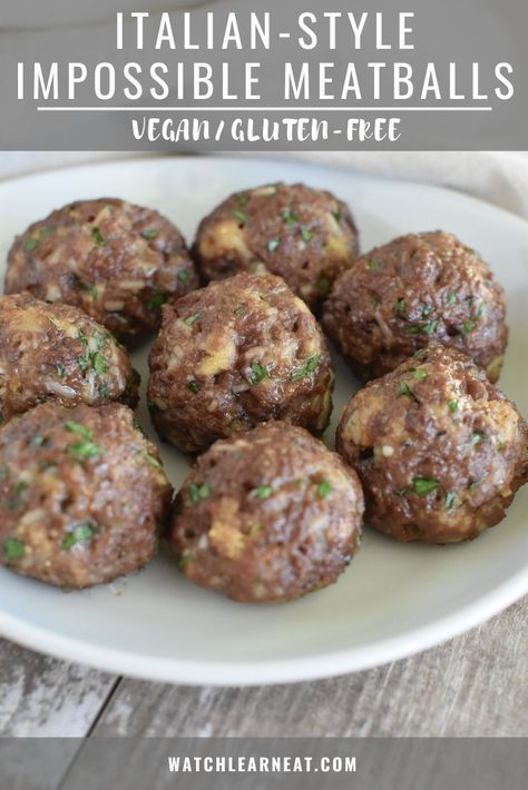 These Italian-style Impossible Burger meatballs are super easy to make in about 20 minutes with just 7 ingredients! They are both vegan and gluten-free. Serve them with your favorite sauce and enjoy over pasta, in a sub or on a pizza! #veganrecipes #glutenfreeveganrecipes Impossible Burger Meatballs, Meatless Meatballs Recipes, Impossible Meatball Recipe, Impossible Burger Recipe Ideas, Impossible Meat Recipes, Beyond Meat Meatballs, Impossible Burger Recipe, Impossible Meatballs, Burger Meatballs