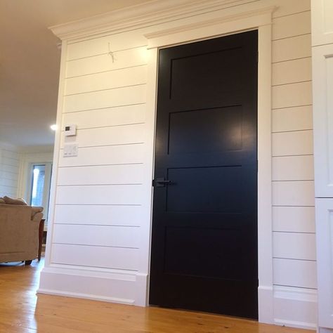 When your wife wants shiplap EVERYWHERE.... it's nice that she balances it out with a few details like this !!! Painting by @kevinlamanes <-- nailed it! #interiordesign White Shiplap Walls, Door Moulding, Entryway Closet, Shiplap Walls, Black Interior Doors, Ship Lap, Dove White, White Shiplap Wall, Black Farmhouse