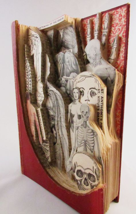 Altered Books Artwork, 3d Book Sculpture, 2d Mixed With 3d Art, Book Deconstruction Art, Layered 3d Art, Layered Book Art, 3d Art Pieces, Halloween Book Art, Book Carving Art