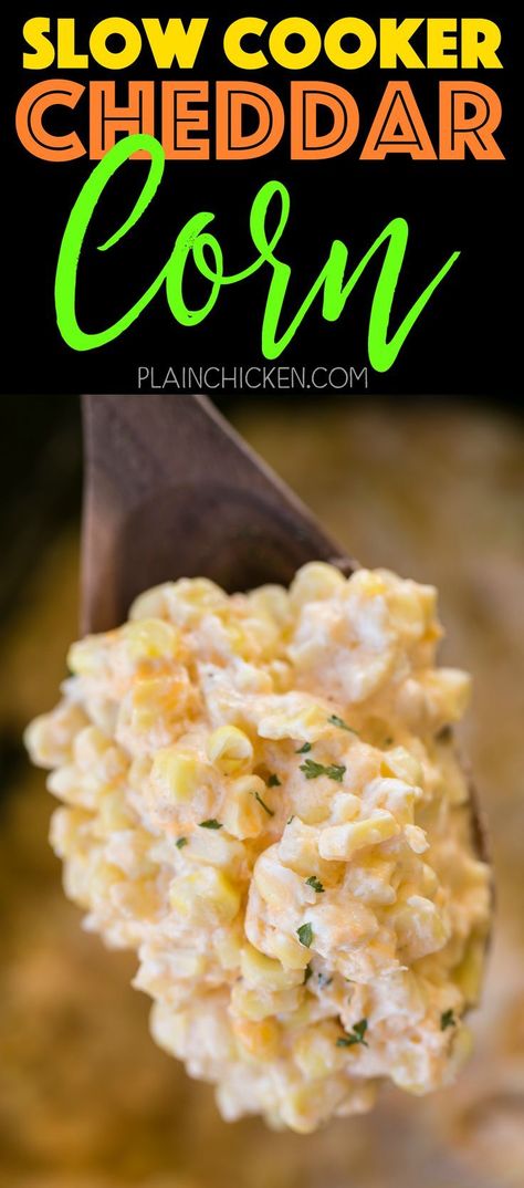 Slow Cooker Cheddar Corn - this stuff is AMAZING!! Just dump everything in the slow cooker and let it work its magic! Frozen corn, cream cheese, cheddar cheese, butter, heavy cream, salt and pepper. Great side dish for a potluck! There is never any left! Such an easy side dish recipe!! Corn Cream Cheese, Cheddar Corn, Corn Cream, Crockpot Side Dishes, Cheese Cheddar, Bbq Side Dishes, Bbq Side, Corn Dishes, Cheese Butter