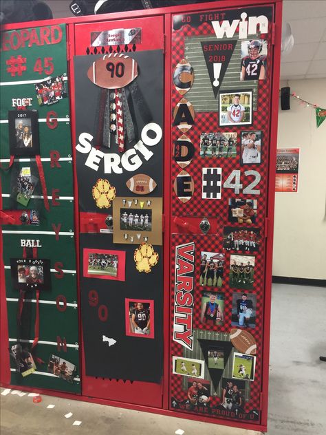 Decorate Locker For Sports, Football Player Locker Decorations, Senior Night Football Locker Decorations, Locker Decorations Football, Senior Football Locker Decorating Ideas, Senior Locker Decorations, Football Locker Room Decorations Ideas, Homecoming Locker Decorations, Senior Night Locker Decorations