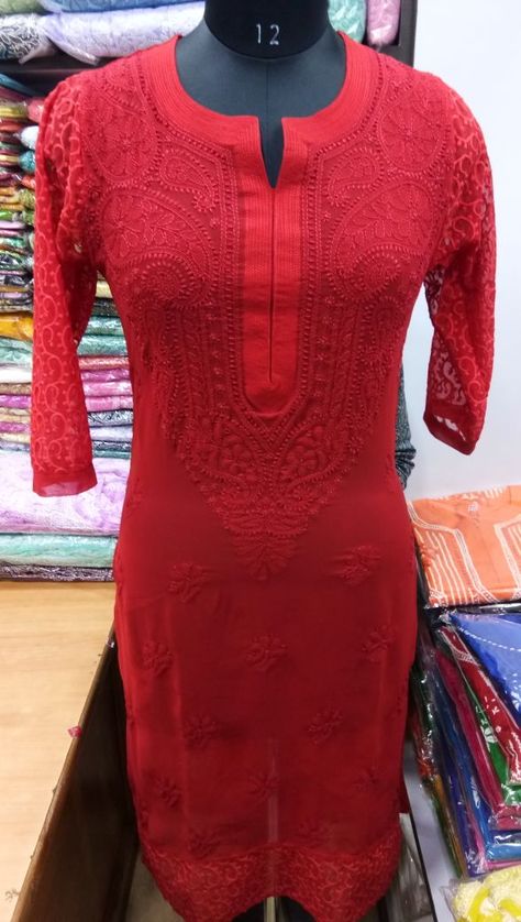 Kurti 1 Chickenkari Fabric, Lucknowi Kurti, Red Kurti, Pakistani Salwar, Hand Embroidery Dress, Western Wear Outfits, Long Kurti, Kurti Neck, Long Kurti Designs