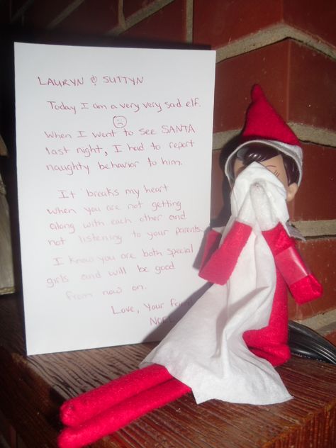 Sad elf - wanting better behavior :( Elf On The Shelf Ideas For When Kids Misbehave, Elf On The Shelf Better Behavior, Elf Ideas For Misbehaving Kids, Elf Not Listening, Elf Behavior Warning, Elf Ideas For Bad Behavior, Elf On Strike For Bad Behavior, Elf On The Shelf Bad Behavior, Elf Leaving Ideas