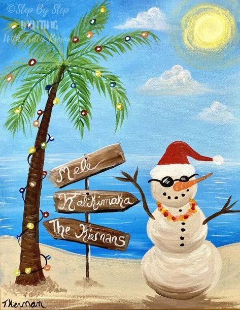 Free online tutorial. Learn how to paint a "Mele Kalikimaka Snowman Painting Tutorial" Step By Step Painting With Tracie Kiernan. Sand Snowman, Mini Toile, Christmas Color Palette, Reflection Painting, Christmas Paintings On Canvas, Paint Nite, Snowman Painting, Holiday Painting, Easy Canvas Painting