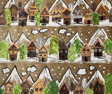 Painted Paper Art - mini masterpieces of art for kids Winter Village Art, Painted Paper Art, Winter Snow Globe, Mini Masterpieces, Snowy Village, Grant Wood, Swiss Chalet, 4th Grade Art, Art Teaching