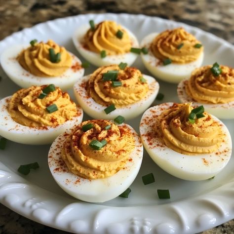 🎃 Elevate your appetizer game with these Pumpkin Deviled Eggs! Creamy, savory, and perfect for fall gatherings. 🍁 Pumpkin Deviled Eggs Ingredients: - 6 hard-boiled eggs - 1/4 cup pumpkin puree - 2 tbsp mayonnaise - 1 tsp Dijon mustard - 1/2 tsp paprika - Salt and pepper to taste - Chopped chives for garnish Instructions: 1. Cut eggs in half lengthwise, remove yolks, and place in a bowl. 2. Mash yolks with pumpkin puree, mayonnaise, mustard, paprika, salt, and pepper. 3. Spoon or pipe mixtu... Devils Eggs, Pumpkin Deviled Eggs, Fluffy Eggs, Thanksgiving 2024, Instagram Recipes, Deviled Egg, Trending Recipes, Hard Boiled, Deviled Eggs