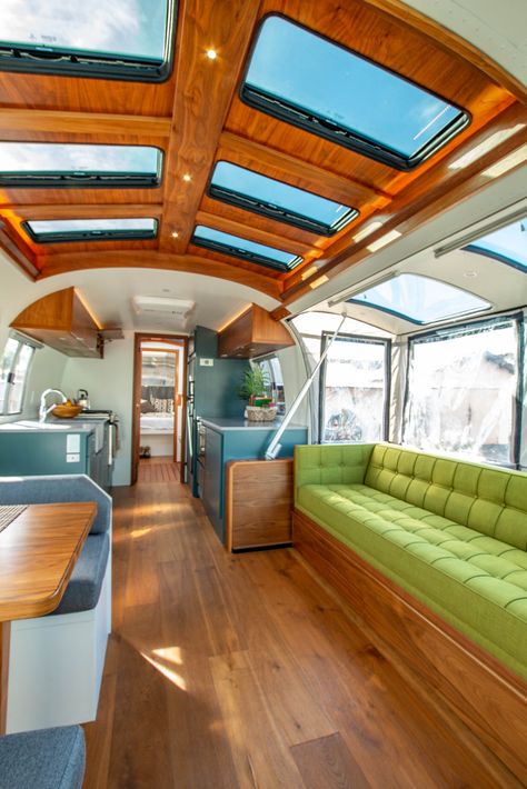 Airstream Trailers Interior, Inside Airstream Interiors, Airstream Tiny House, Off Grid Airstream, Airstream Office Ideas, Renovated Airstream Interior, Airstream Interior Design, Airstream Home, Argosy Airstream Remodel