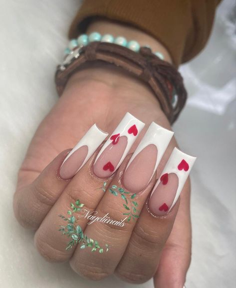 Valentine’s Day French Tip Nails, Valentines Acrylics, Valentines French Tip Nails, White Frenchies, Bday Nails, Vday Nails, White Acrylic Nails, French Tip Acrylic Nails, Inspired Nails