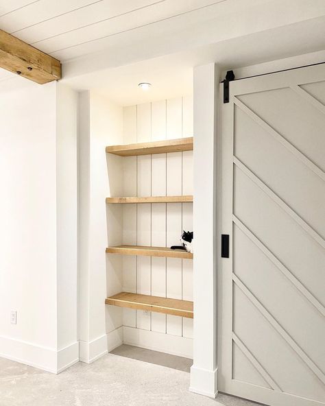 A House We Built on Instagram: “We built this nook in our basement hallway to have a fun spot to decorate throughout the year. We’re still finishing up some other build-…” Shelving Nook, Hallway Nook Ideas, End Of Hallway Decor, Hallway Nook, A House We Built, End Of Hallway, Basement Hallway, Hallway Closet, Nook Ideas