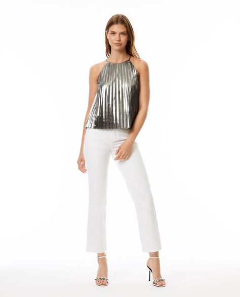 Shine Bright 💫⁠ ⁠ Our Silver Ore top on @alyssa.rruiz Silver Halter Top, Dressy Denim, Night Out Tops, Pleated Top, Jumpsuit Jacket, Disco Ball, Sky High, The Dance, New Arrival Dress