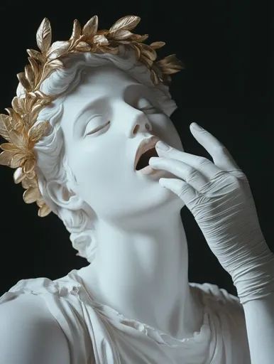 ↑↑↑ Larger size on website 🔸 The image shows a close-up of a white marble statue of a woman. She is wearing a gold laurel wreath Gold Laurel Wreath, Woman Statue, Gold Statue, Statue Art, Hair Flow, Marble And Gold, Marble Statues, Marble Sculpture, Art Prompts