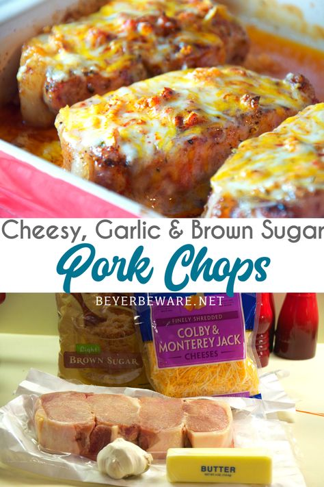 Cheesy garlic and brown sugar pork chops are an easy pork chops recipe with easy ingredients of butter, brown sugar, and shredded cheese. The best part is the pork chops cook in the oven in under 30 minutes for an easy weeknight meal. Brown Sugar Pork Chops, Boneless Pork Chop Recipes, Pork Chop Recipes Crockpot, Pork Chop Recipe, Easy Pork Chops, Pork Chop Recipes Baked, Easy Pork Chop Recipes, Pork Chop Dinner, Crockpot Pork Chops