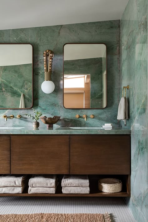 What Happens When a Designer Returns to a Project Years Later Ikea Upgrades, Onyx Bathroom, Fresh Bathroom, Ikea Vanity, Mosaic House, Vanity Countertop, House Tiles, Pink Bathroom, Green Marble