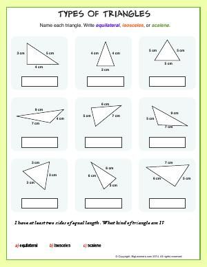 Worksheet | Types of Triangles | Practice identifying triangles. Geometry Projects Middle School, Scalene Triangle, Different Types Of Triangles, Types Of Triangles, Triangles Activities, Geometry Interactive Notebook, Classifying Triangles, Triangle Math, Math Integers