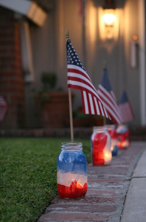 4th of July Mason Jar Luminaries Mason Jar Luminaries, Independance Day, Patriotic Crafts, Kid Craft, American Flags, Patriotic Party, 4th Of July Decorations, Patriotic Holidays, July Crafts