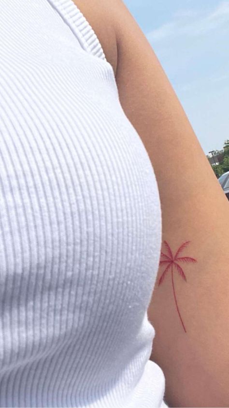 Red Palm Tree Tattoo, Palm Tree Tattoo Placement, Fine Line Palm Tree Tattoo, Tattoo Ideas Fineline, Palm Tattoos For Women, Palm Tree Tattoo Arm, Tattoo Palm Tree, Red Ink Tattoo Ideas, Tattoo Red Ink